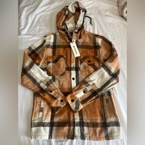 Men's Hooded Plaid Shirt Jacket - Tan and Cream